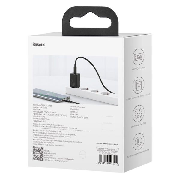 Ātra tīkla lādētājs SI QC PD 25W 3A + USB-C 1M kabelis melns