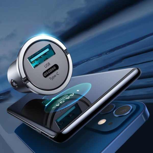 Ātrās automašīnas lādētājs USB-C USB 45W 5A PD QC 3.0 AFC SCP pelēks