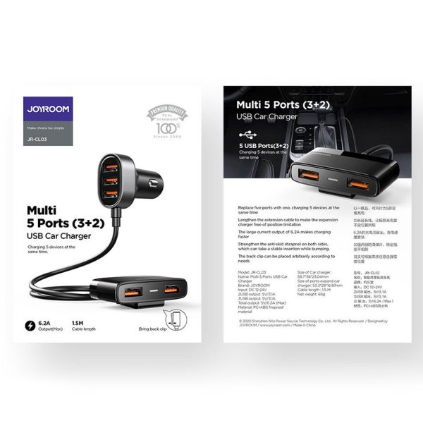 Ātra automašīnas lādētājs 5X USB 6.2A ar melnu pagarinājumu