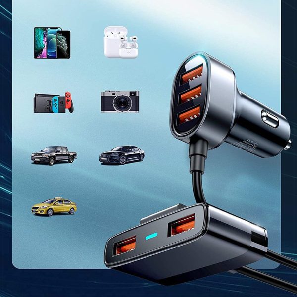 Ātra automašīnas lādētājs 5X USB 6.2A ar melnu pagarinājumu