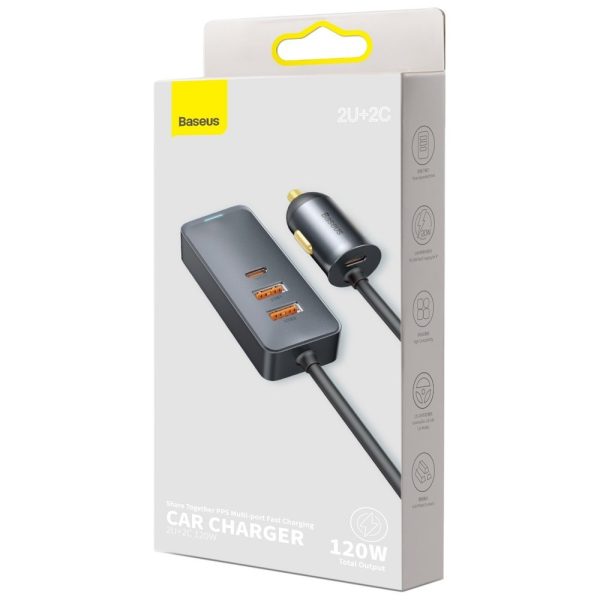 Dalieties kopā 2X USB 2X USB-C 120W PPS QC PD pelēkās automašīnas lādētājs