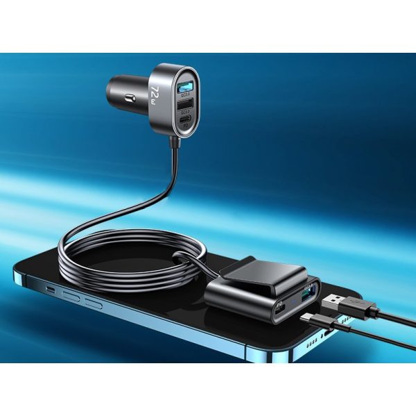 Automašīnas lādētājs 5 2xpd ierīces + 2xQC3.0 72W 1,5m melnas krāsas