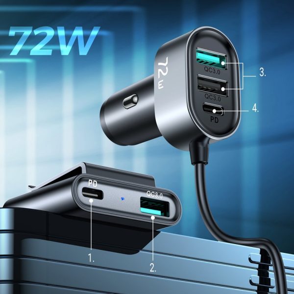 Automašīnas lādētājs 5 2xpd ierīces + 2xQC3.0 72W 1,5m melnas krāsas