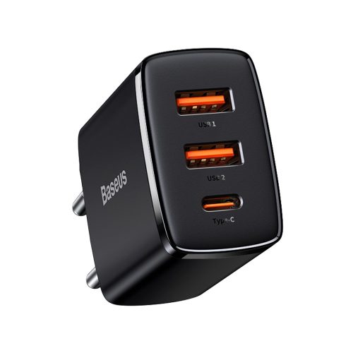 Kompakts ātrs 2x USB-C 30W 3A PD QC melnais lādētājs