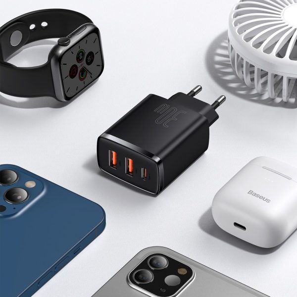 Kompakts ātrs 2x USB-C 30W 3A PD QC melnais lādētājs