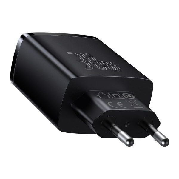 Kompakts ātrs 2x USB-C 30W 3A PD QC melnais lādētājs