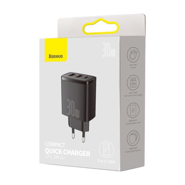 Kompakts ātrs 2x USB-C 30W 3A PD QC melnais lādētājs