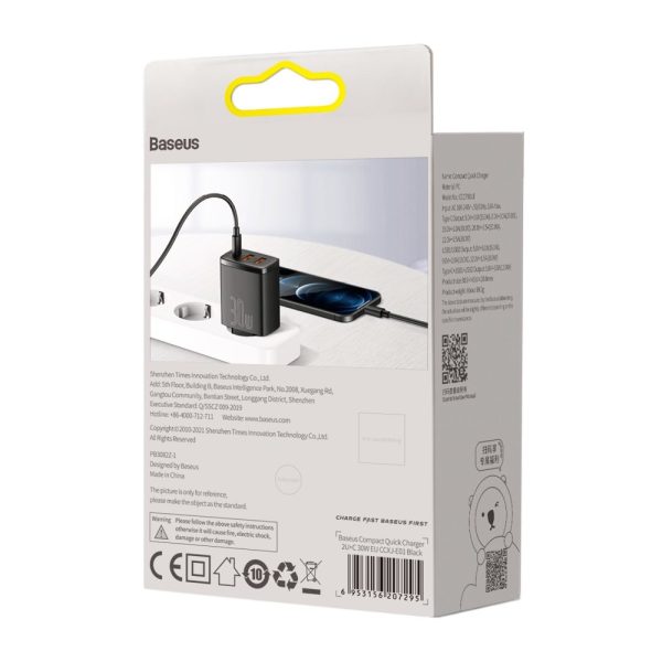 Kompakts ātrs 2x USB-C 30W 3A PD QC melnais lādētājs