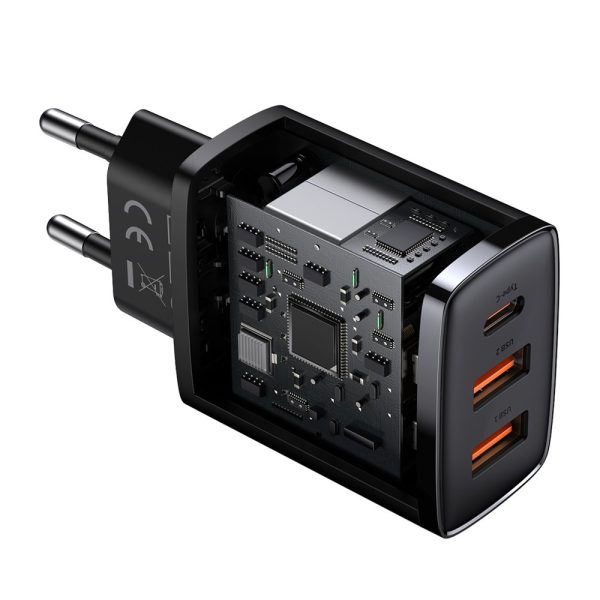 Kompakts ātrs 2x USB-C 30W 3A PD QC melnais lādētājs