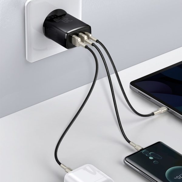 Kompakts ātrs 2x USB-C 30W 3A PD QC melnais lādētājs