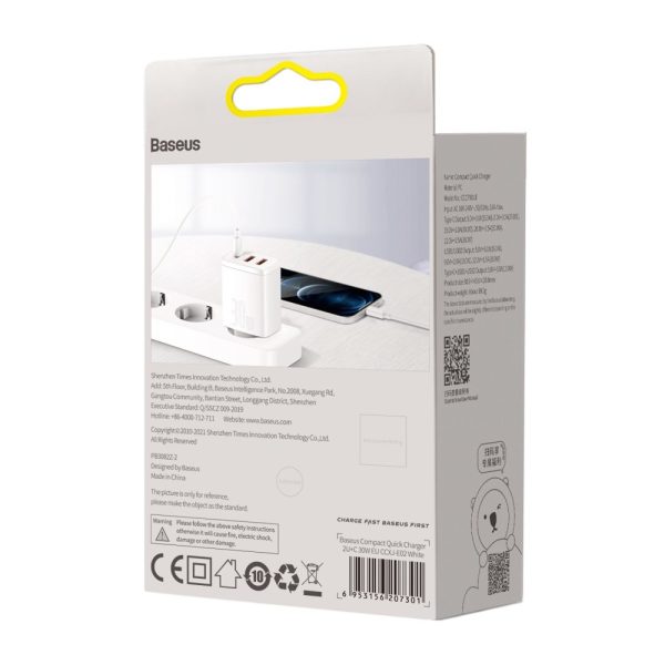 Kompakts ātrs 2x USB-C 30W 3A PD QC White Network Charger