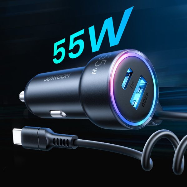 Ātrs 3in1 automašīnas lādētājs ar USB-C 1,5M 55W USB-C kabeli