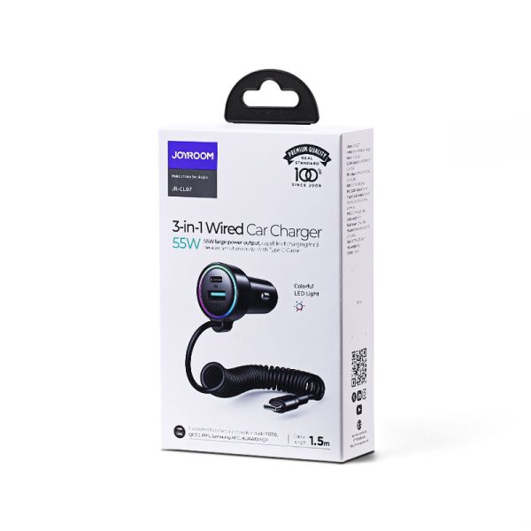 Ātrs 3in1 automašīnas lādētājs ar USB-C 1,5M 55W USB-C kabeli