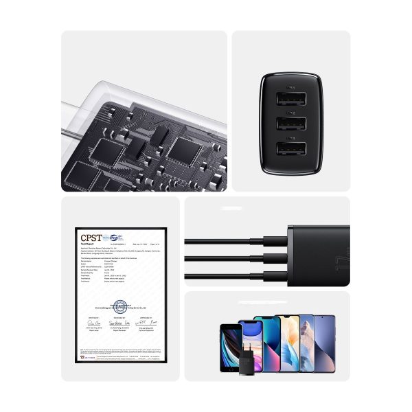 Kompakts 3x USB 17W melnais lādētājs