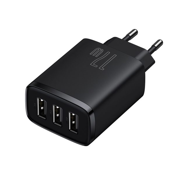 Kompakts 3x USB 17W melnais lādētājs