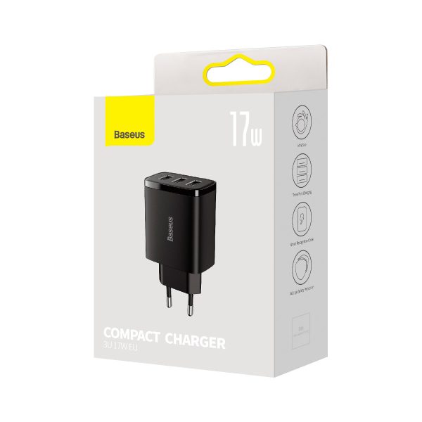 Kompakts 3x USB 17W melnais lādētājs