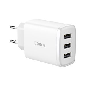 Kompakts 3x USB 17W baltais lādētājs