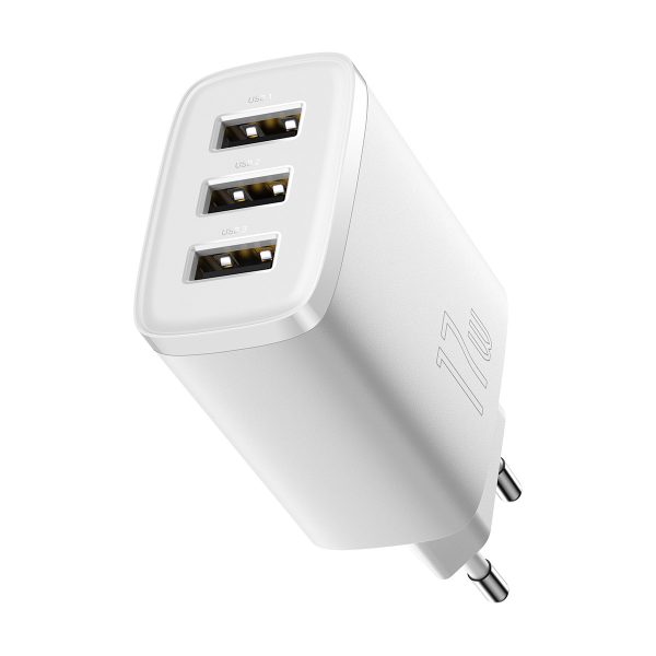 Kompakts 3x USB 17W baltais lādētājs