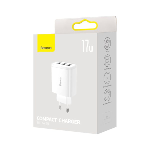 Kompakts 3x USB 17W baltais lādētājs