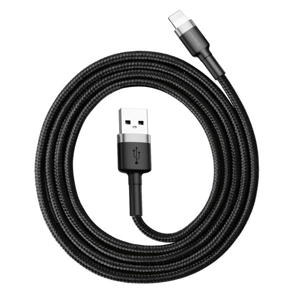 Izturīgs pīts kabelis iPhone USB - Lightning QC3.0 2,4A 1m melns un pelēks
