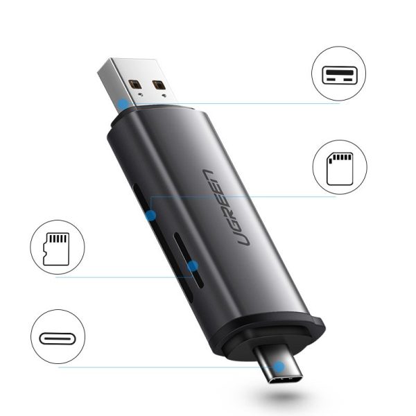 Universal SD karšu lasītāja mikro SD uz USB 3.0 un USB-C 3.0 pelēkā krāsā
