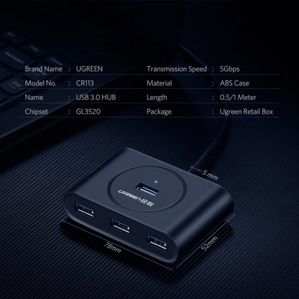 Hub Port Hub atlaide 4x USB 3,2 kabelis 0,5 m melns