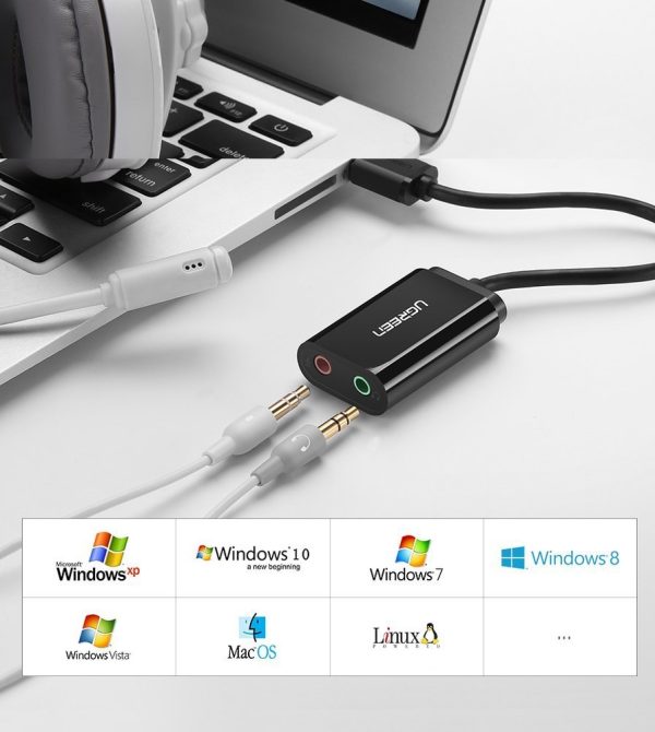 Ārējās skaņas kartes mūzikas adapteris USB - 3,5 mm mini domkrata kabelis 15cm melns