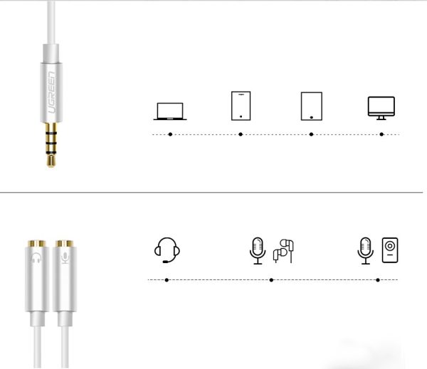 Austiņas 3,5 mm mini ligzda Aux + stereo mikrofona 20cm sudrabs