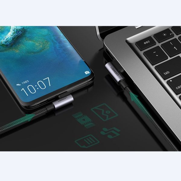 Leņķa kabelis USB pītā - USB -C ātrais lādiņš 3,0 2m pelēks kabelis