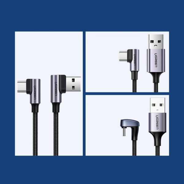 Leņķa kabelis USB pītā - USB -C ātrais lādiņš 3,0 2m pelēks kabelis