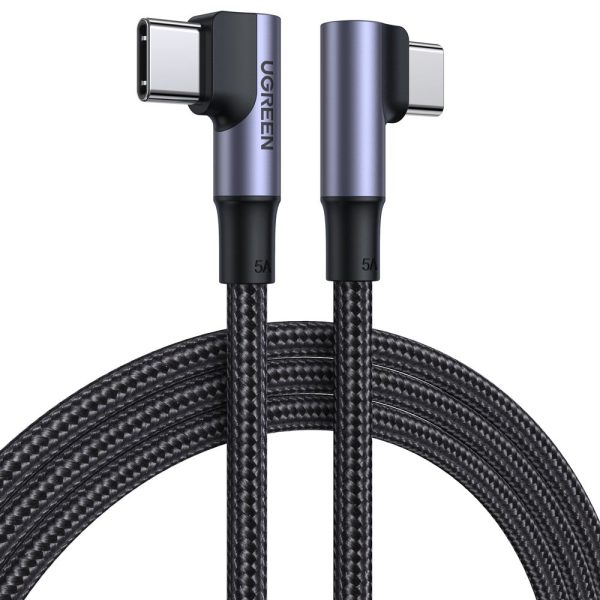 Leņķa kabelis USB-C ātrajā lādiņā PD 100W 2M melnais pīts kabelis