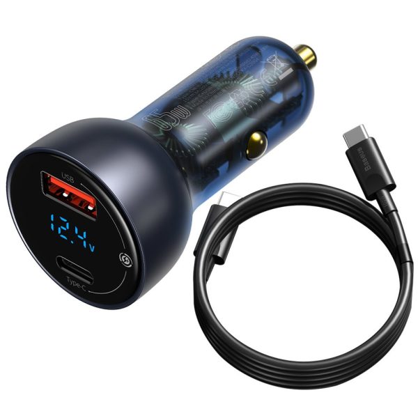 USB USB automašīnas lādētājs -C 65W 5A SCP QC PD LCD ekrāns + USB -C GREY