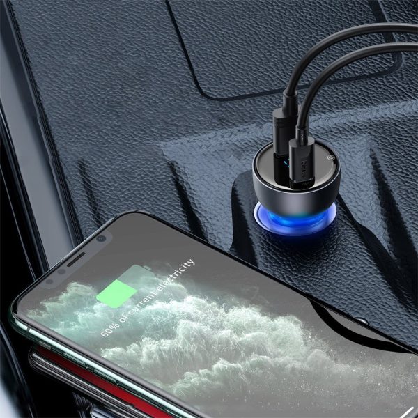 USB USB automašīnas lādētājs -C 65W 5A SCP QC PD LCD ekrāns + USB -C GREY