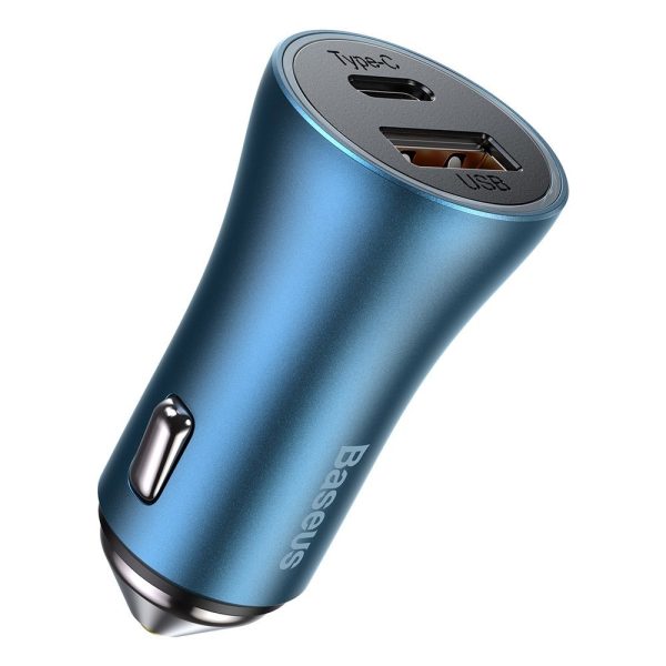 Ātra automašīnas lādētājs 40W PD QC USB-C / USB + iPhone zilais kabelis