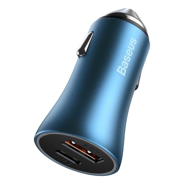 Ātra automašīnas lādētājs 40W PD QC USB-C / USB + iPhone zilais kabelis