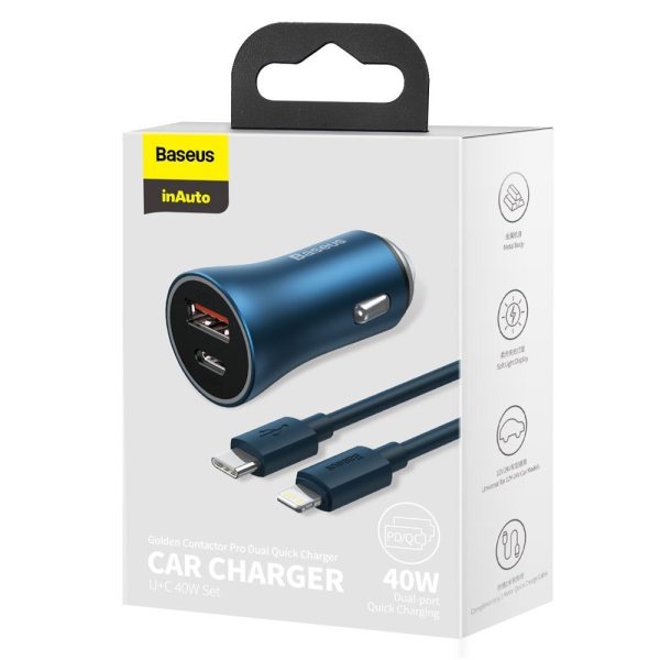 Ātra automašīnas lādētājs 40W PD QC USB-C / USB + iPhone zilais kabelis