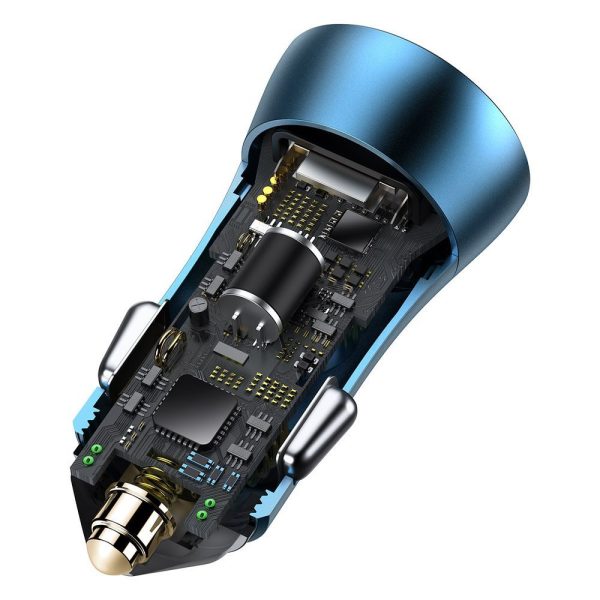 Ātra automašīnas lādētājs 40W PD QC USB-C / USB + iPhone zilais kabelis