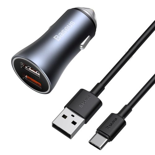 Ātrās automašīnas lādētājs 2x USB 40W QC SCP FCP AFC + USB-C pelēks kabelis