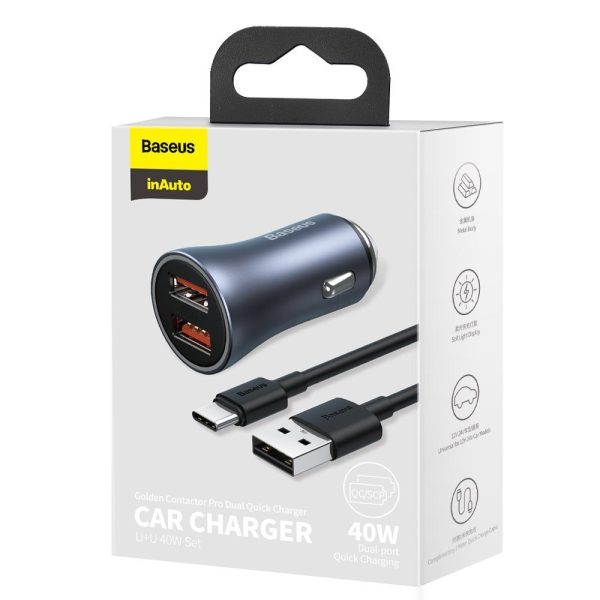 Ātrās automašīnas lādētājs 2x USB 40W QC SCP FCP AFC + USB-C pelēks kabelis