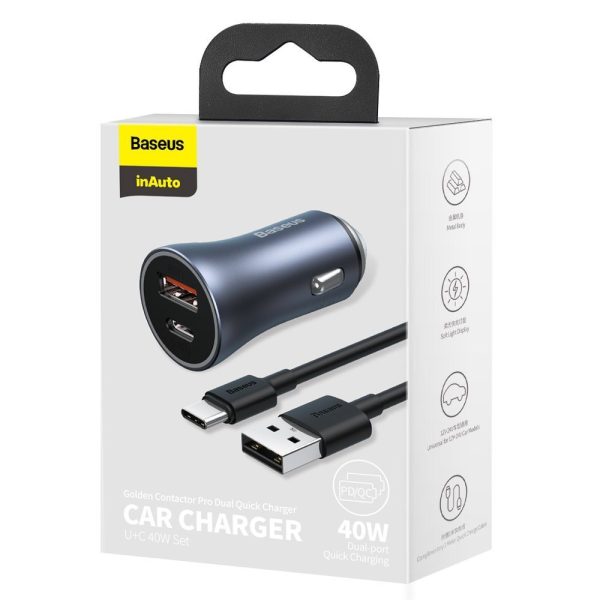 Ātrās automašīnas lādētājs 40W PD QC USB-C / USB + USB-C Lielais kabelis