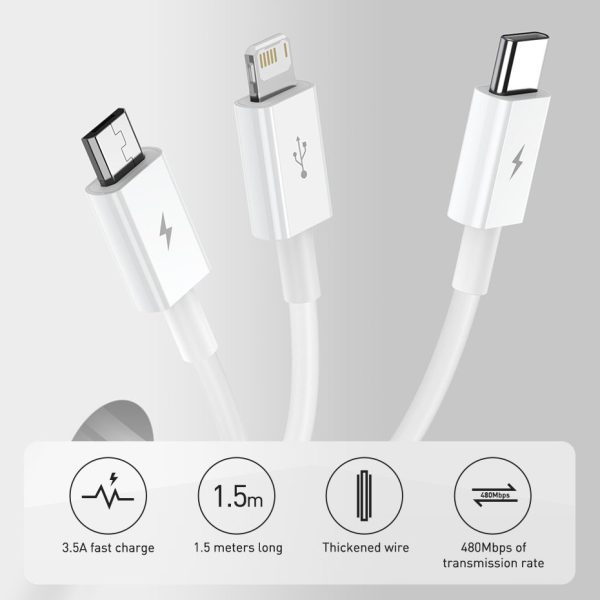 3in1 USB universālais kabelis - zibens / USB -C / Micro USB 3,5A 1,5 m zilā krāsā