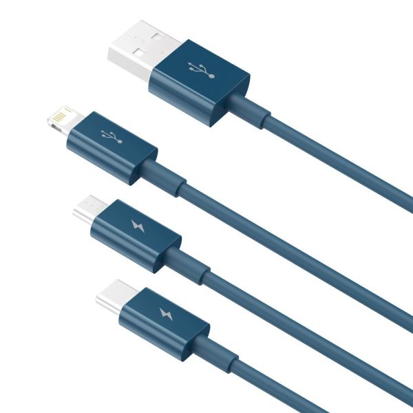 3in1 USB universālais kabelis - zibens / USB -C / Micro USB 3,5A 1,5 m zilā krāsā