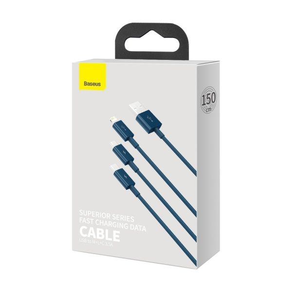 3in1 USB universālais kabelis - zibens / USB -C / Micro USB 3,5A 1,5 m zilā krāsā