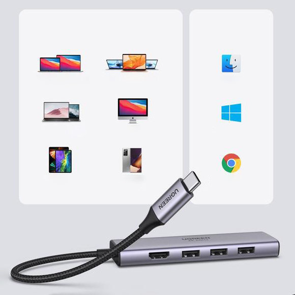 6in1 daudzfunkcionāls USB -C HUB - 3X USB HDMI 4K SD un TF pelēkās kartes lasītājs