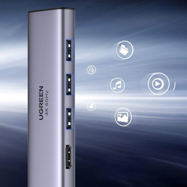 6in1 daudzfunkcionāls USB -C HUB - 3X USB HDMI 4K SD un TF pelēkās kartes lasītājs
