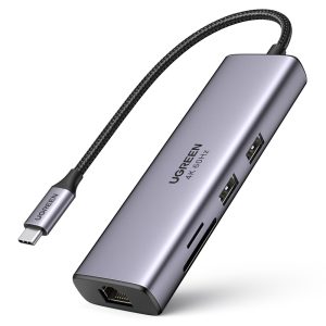 7in1 daudzfunkcionāls USB-C HUB-2X USB HDMI 4K SD karšu lasītājs un TF USB-C RJ45 1Gbps pelēks
