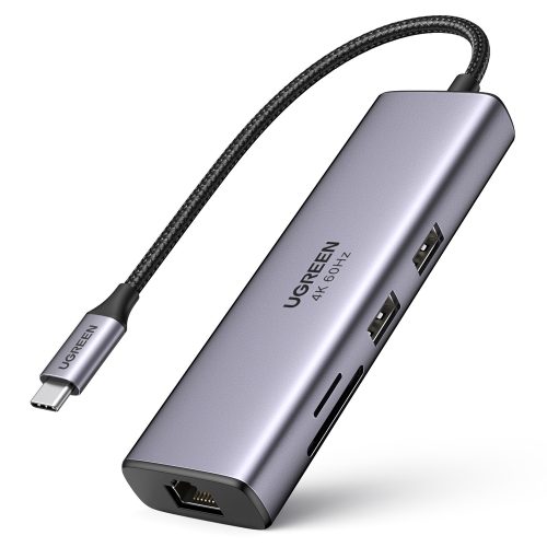 7in1 daudzfunkcionāls USB-C HUB-2X USB HDMI 4K SD karšu lasītājs un TF USB-C RJ45 1Gbps pelēks