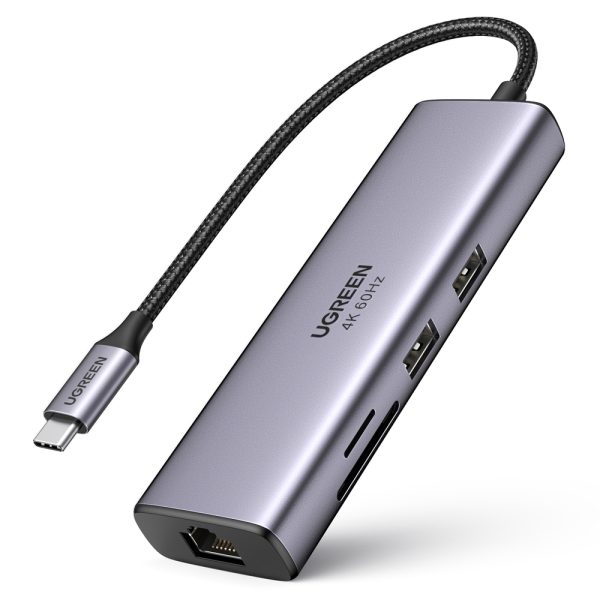 7in1 daudzfunkcionāls USB-C HUB-2X USB HDMI 4K SD karšu lasītājs un TF USB-C RJ45 1Gbps pelēks