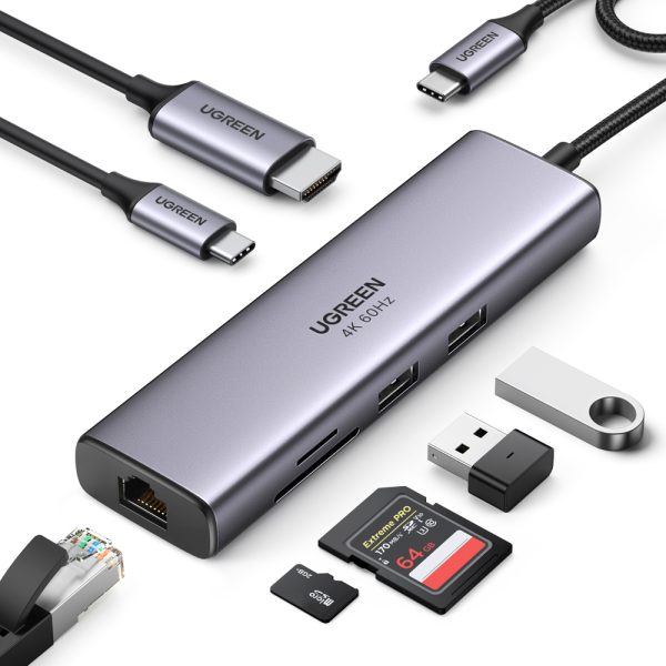 7in1 daudzfunkcionāls USB-C HUB-2X USB HDMI 4K SD karšu lasītājs un TF USB-C RJ45 1Gbps pelēks