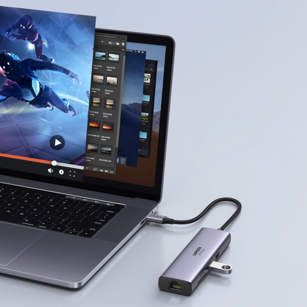 7in1 daudzfunkcionāls USB-C HUB-2X USB HDMI 4K SD karšu lasītājs un TF USB-C RJ45 1Gbps pelēks